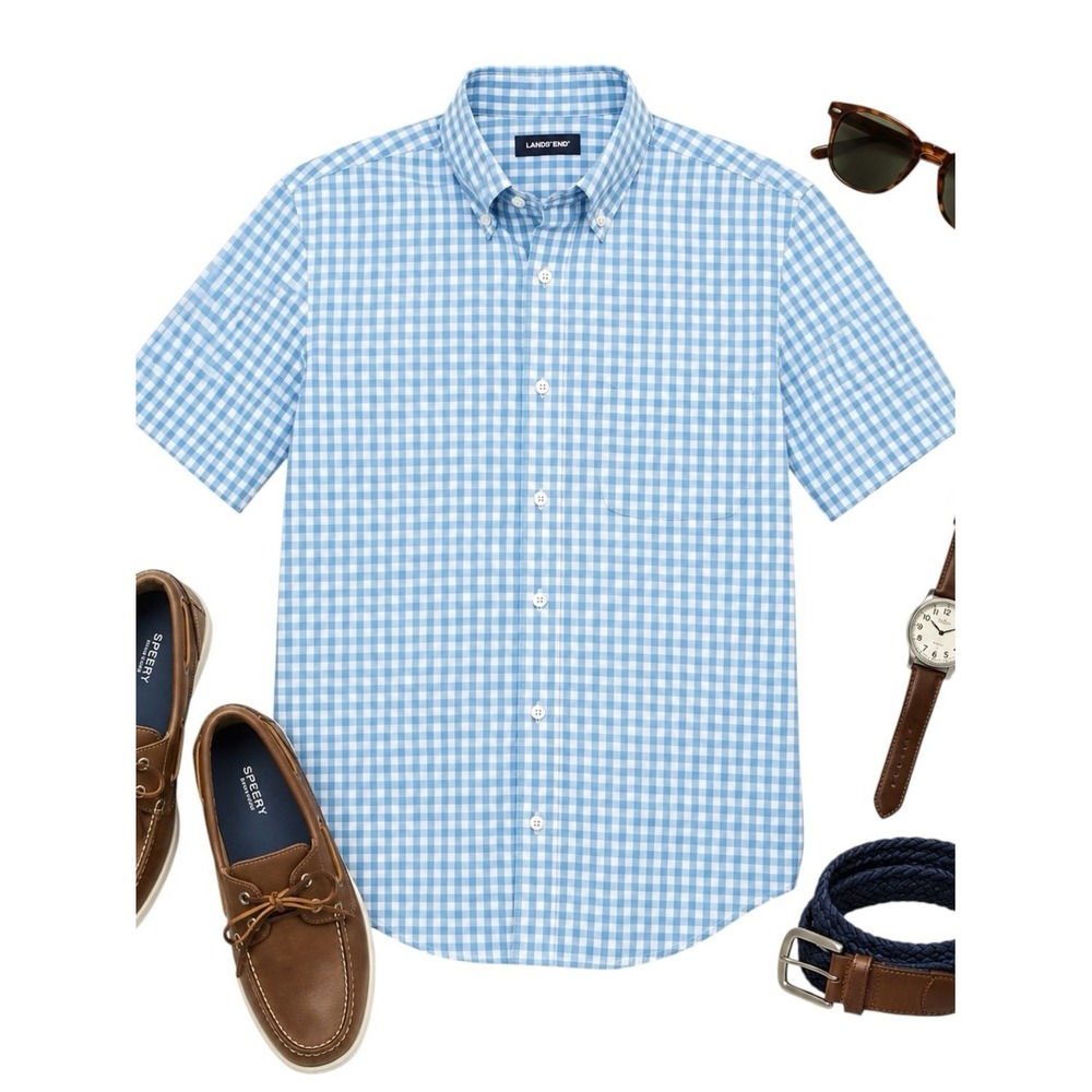 Lands' End Seersucker Gingham Shirt Men Medium Blue White Summer Button Up EUC